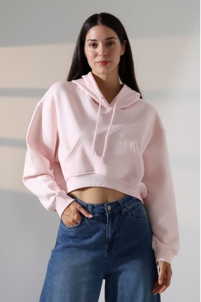 Geniş Rahat Kesim Önü Oval Kesim Kapuşonlu Kanguru Önden Cepli Crop Kolları Geniş Kadın Sweatshirt 21968 PUDRA
