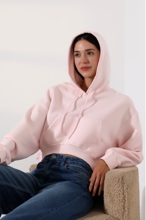 Geniş Rahat Kesim Önü Oval Kesim Kapuşonlu Kanguru Önden Cepli Crop Kolları Geniş Kadın Sweatshirt 21968 PUDRA