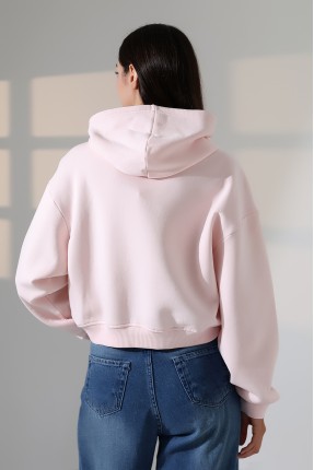 Geniş Rahat Kesim Önü Oval Kesim Kapuşonlu Kanguru Önden Cepli Crop Kolları Geniş Kadın Sweatshirt 21968 PUDRA