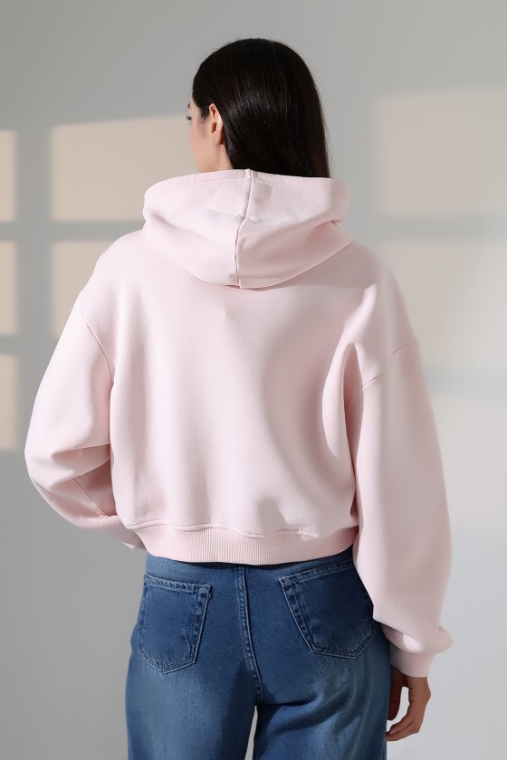 Geniş Rahat Kesim Önü Oval Kesim Kapuşonlu Kanguru Önden Cepli Crop Kolları Geniş Kadın Sweatshirt 21968 PUDRA