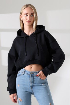 Geniş Rahat Kesim Önü Oval Kesim Kapuşonlu Kanguru Önden Cepli Crop Kolları Geniş Kadın Sweatshirt 21968 SİYAH