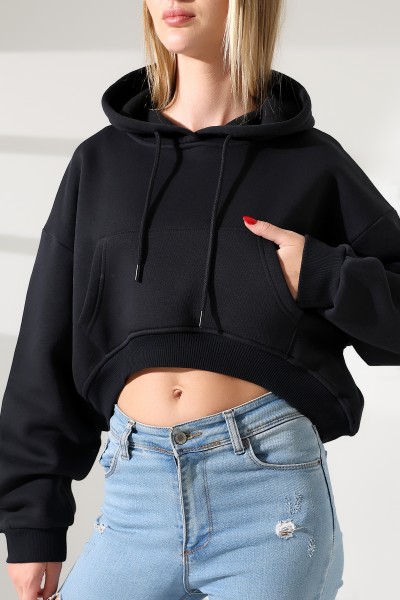 Geniş Rahat Kesim Önü Oval Kesim Kapuşonlu Kanguru Önden Cepli Crop Kolları Geniş Kadın Sweatshirt 21968 SİYAH
