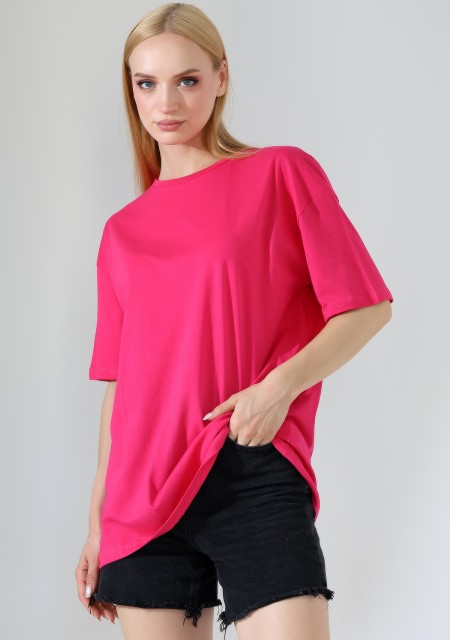 Oversize Bisiklet Yaka %100 Pamuk Penye Kompakt Basic T-Shirt 21752 AÇIK FUŞYA