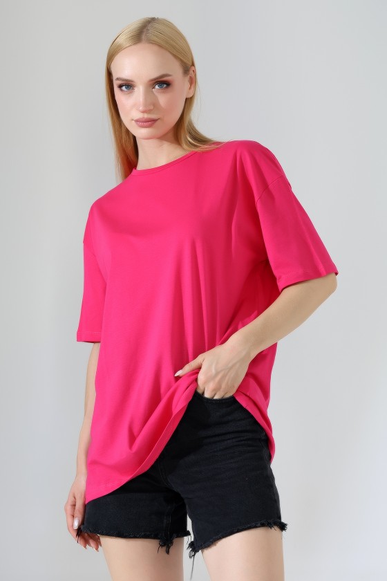 Oversize Bisiklet Yaka %100 Pamuk Penye Kompakt Basic T-Shirt 21752 AÇIK FUŞYA