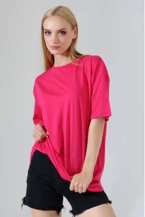 Oversize Bisiklet Yaka %100 Pamuk Penye Kompakt Basic T-Shirt 21752 AÇIK FUŞYA