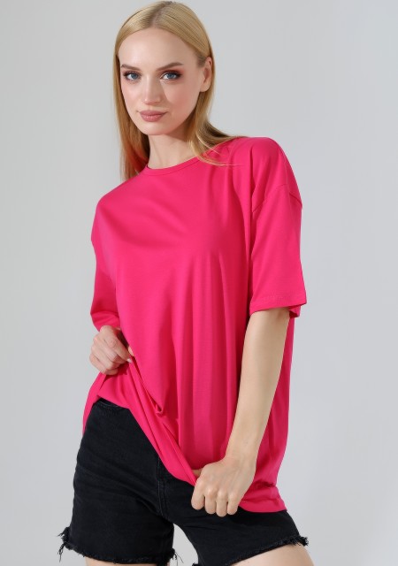 Oversize Bisiklet Yaka %100 Pamuk Penye Kompakt Basic T-Shirt 21752 AÇIK FUŞYA