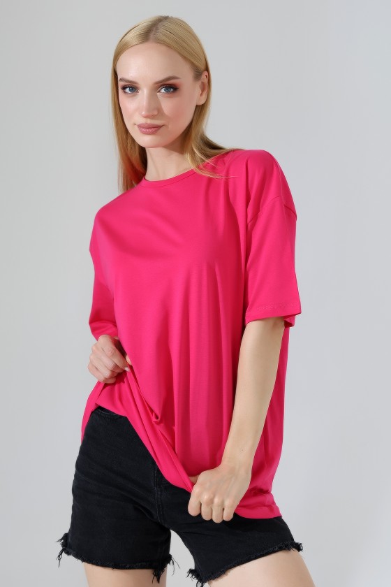 Oversize Bisiklet Yaka %100 Pamuk Penye Kompakt Basic T-Shirt 21752 AÇIK FUŞYA