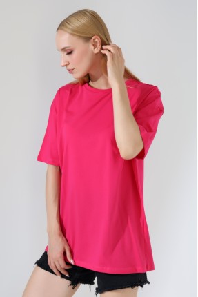 Oversize Bisiklet Yaka %100 Pamuk Penye Kompakt Basic T-Shirt 21752 AÇIK FUŞYA