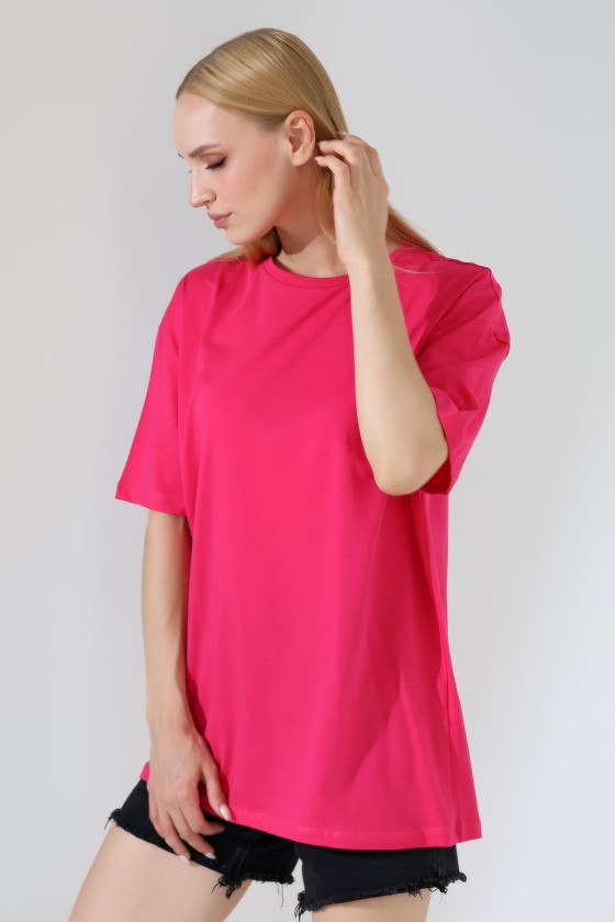 Oversize Bisiklet Yaka %100 Pamuk Penye Kompakt Basic T-Shirt 21752 AÇIK FUŞYA