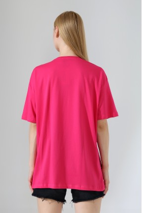 Oversize Bisiklet Yaka %100 Pamuk Penye Kompakt Basic T-Shirt 21752 AÇIK FUŞYA