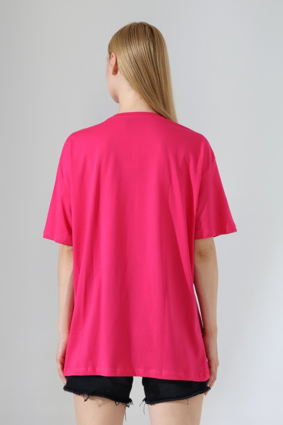 Oversize Bisiklet Yaka %100 Pamuk Penye Kompakt Basic T-Shirt 21752 AÇIK FUŞYA