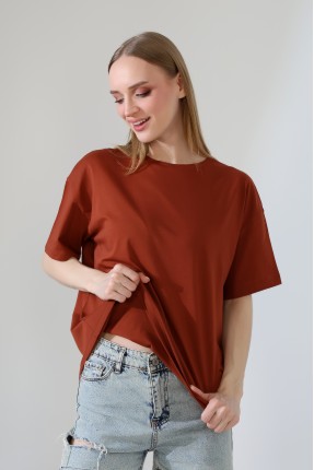 Oversize Bisiklet Yaka %100 Pamuk Penye Kompakt Basic T-Shirt 21752 AÇIK TABA
