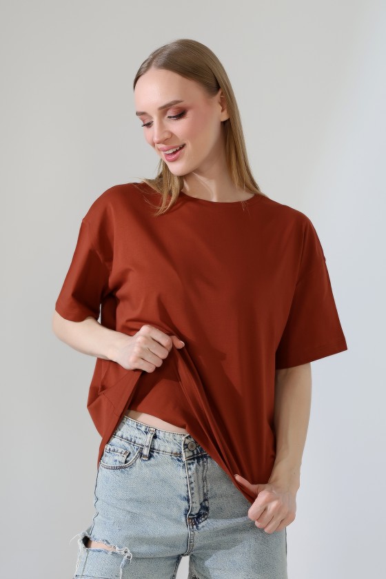 Oversize Bisiklet Yaka %100 Pamuk Penye Kompakt Basic T-Shirt 21752 AÇIK TABA