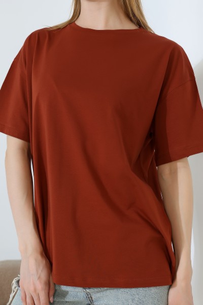 Oversize Bisiklet Yaka %100 Pamuk Penye Kompakt Basic T-Shirt 21752 AÇIK TABA