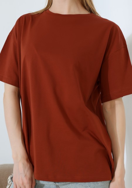 Oversize Bisiklet Yaka %100 Pamuk Penye Kompakt Basic T-Shirt 21752 AÇIK TABA