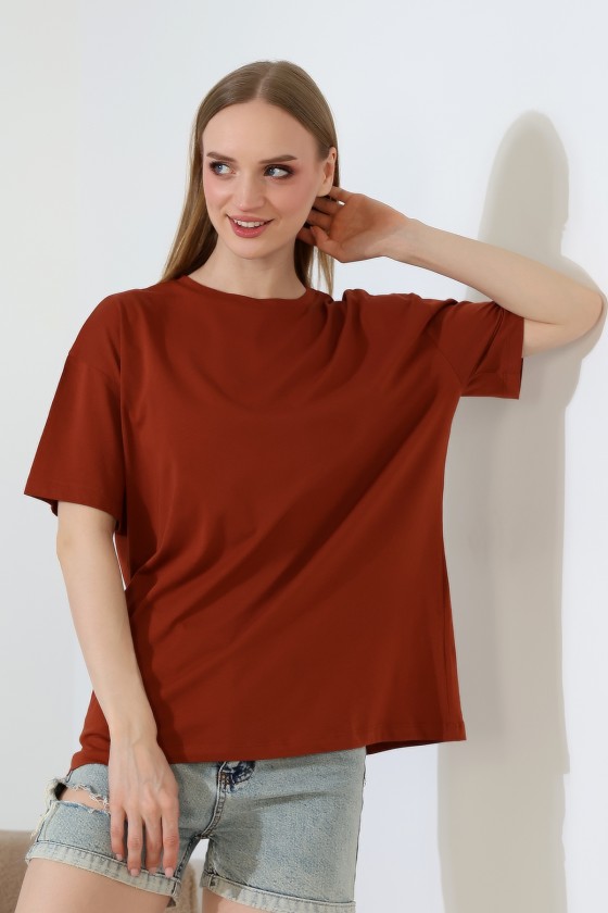 Oversize Bisiklet Yaka %100 Pamuk Penye Kompakt Basic T-Shirt 21752 AÇIK TABA