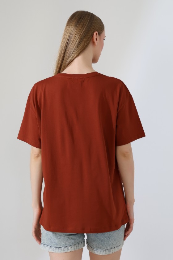 Oversize Bisiklet Yaka %100 Pamuk Penye Kompakt Basic T-Shirt 21752 AÇIK TABA