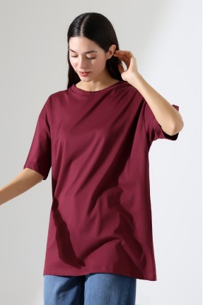 Oversize Bisiklet Yaka %100 Pamuk Penye Kompakt Basic T-Shirt 21752 BORDO