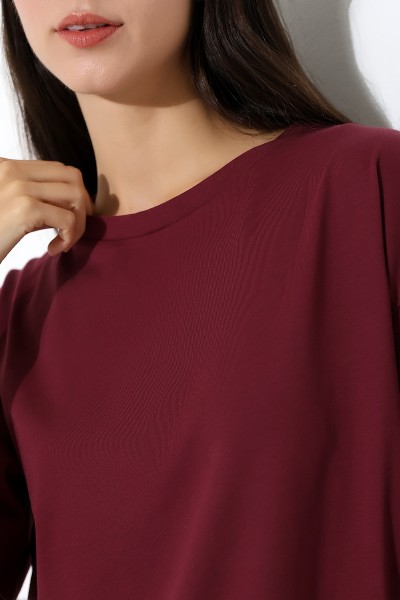 Oversize Bisiklet Yaka %100 Pamuk Penye Kompakt Basic T-Shirt 21752 BORDO