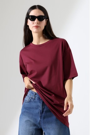 Oversize Bisiklet Yaka %100 Pamuk Penye Kompakt Basic T-Shirt 21752 BORDO