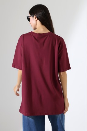 Oversize Bisiklet Yaka %100 Pamuk Penye Kompakt Basic T-Shirt 21752 BORDO