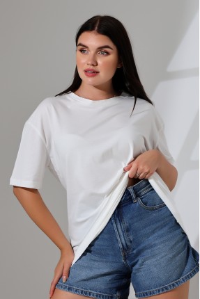 Oversize Bisiklet Yaka %100 Pamuk Penye Kompakt Basic T-Shirt 21752 EKRU