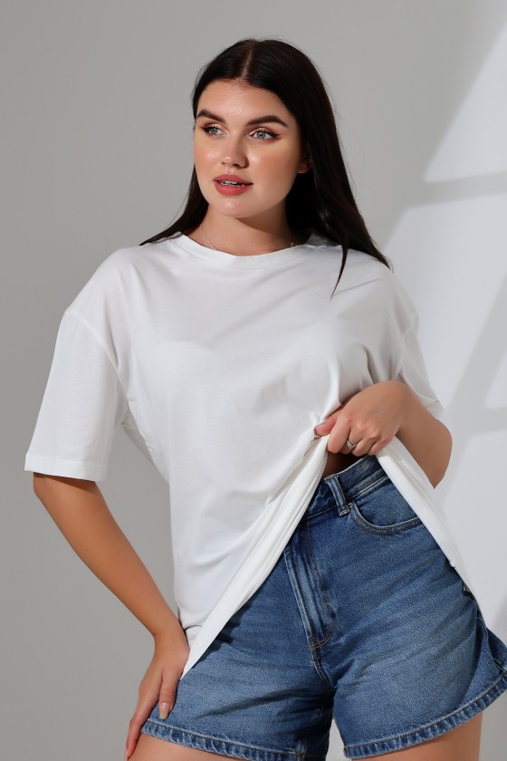 Oversize Bisiklet Yaka %100 Pamuk Penye Kompakt Basic T-Shirt 21752 EKRU