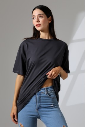 Oversize Bisiklet Yaka %100 Pamuk Penye Kompakt Basic T-Shirt 21752 FÜME