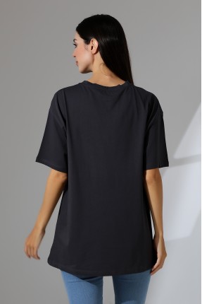 Oversize Bisiklet Yaka %100 Pamuk Penye Kompakt Basic T-Shirt 21752 FÜME