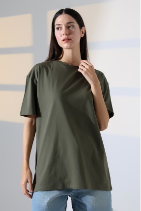 Oversize Bisiklet Yaka %100 Pamuk Penye Kompakt Basic T-Shirt 21752 HAKİ