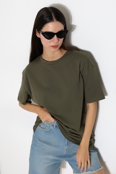 Oversize Bisiklet Yaka %100 Pamuk Penye Kompakt Basic T-Shirt 21752 HAKİ