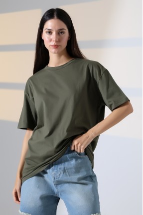 Oversize Bisiklet Yaka %100 Pamuk Penye Kompakt Basic T-Shirt 21752 HAKİ