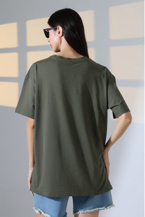 Oversize Bisiklet Yaka %100 Pamuk Penye Kompakt Basic T-Shirt 21752 HAKİ