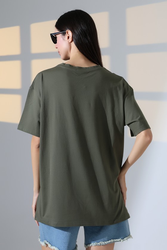 Oversize Bisiklet Yaka %100 Pamuk Penye Kompakt Basic T-Shirt 21752 HAKİ