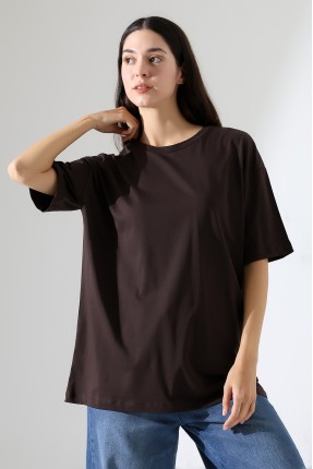 Oversize Bisiklet Yaka %100 Pamuk Penye Kompakt Basic T-Shirt 21752 KAHVE