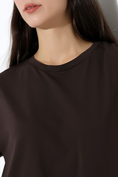 Oversize Bisiklet Yaka %100 Pamuk Penye Kompakt Basic T-Shirt 21752 KAHVE