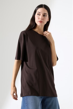 Oversize Bisiklet Yaka %100 Pamuk Penye Kompakt Basic T-Shirt 21752 KAHVE
