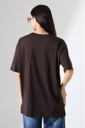 Oversize Bisiklet Yaka %100 Pamuk Penye Kompakt Basic T-Shirt 21752 KAHVE
