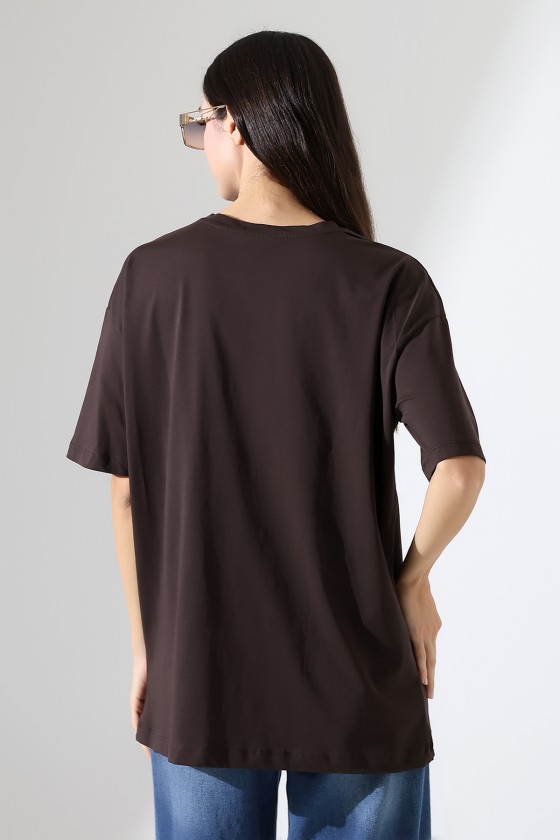 Oversize Bisiklet Yaka %100 Pamuk Penye Kompakt Basic T-Shirt 21752 KAHVE