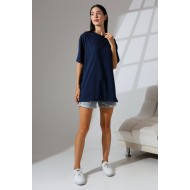 Oversize Bisiklet Yaka %100 Pamuk Penye Kompakt Basic T-Shirt 21752 LACİVERT