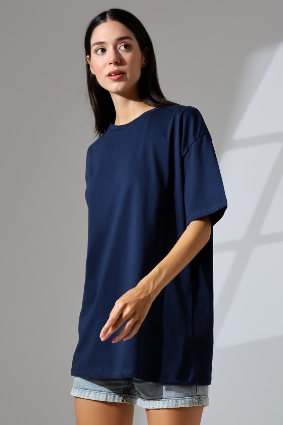 Oversize Bisiklet Yaka %100 Pamuk Penye Kompakt Basic T-Shirt 21752 LACİVERT