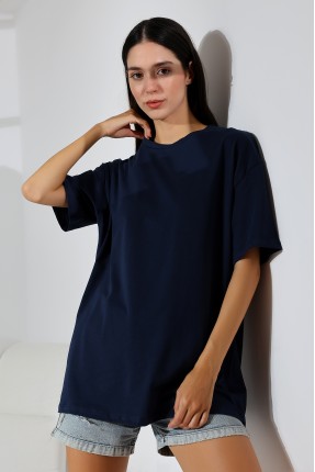 Oversize Bisiklet Yaka %100 Pamuk Penye Kompakt Basic T-Shirt 21752 LACİVERT