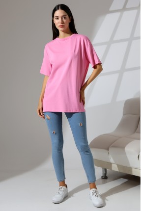 Oversize Bisiklet Yaka %100 Pamuk Penye Kompakt Basic T-Shirt 21752 PEMBE