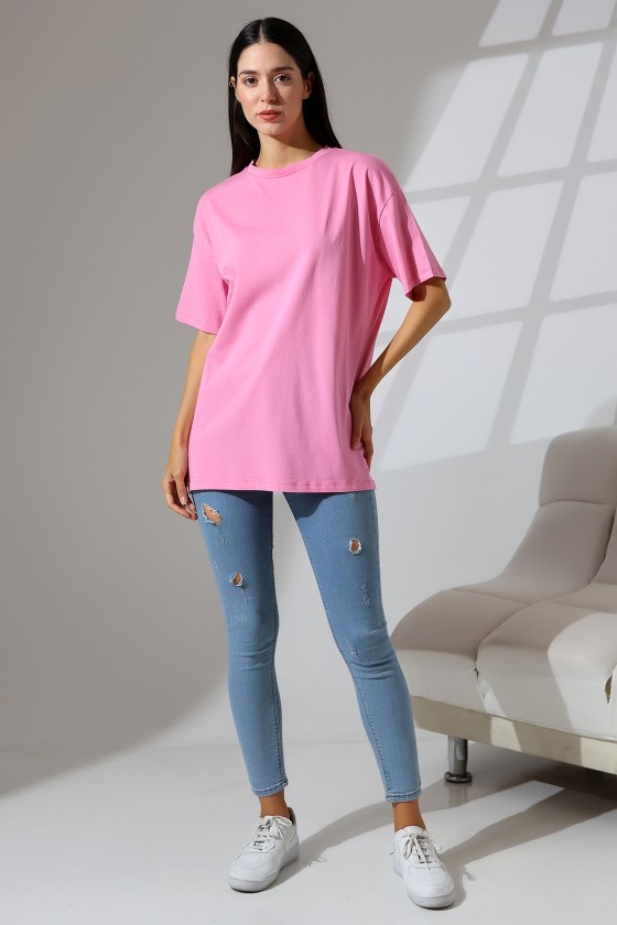 Oversize Bisiklet Yaka %100 Pamuk Penye Kompakt Basic T-Shirt 21752 PEMBE