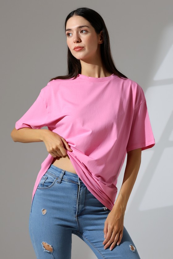 Oversize Bisiklet Yaka %100 Pamuk Penye Kompakt Basic T-Shirt 21752 PEMBE