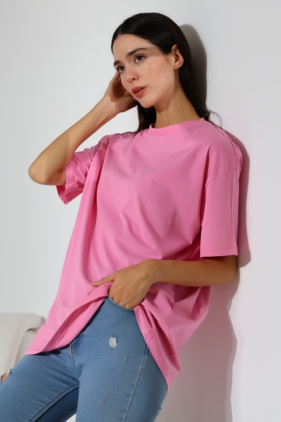 Oversize Bisiklet Yaka %100 Pamuk Penye Kompakt Basic T-Shirt 21752 PEMBE