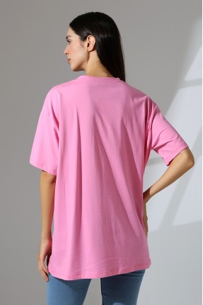 Oversize Bisiklet Yaka %100 Pamuk Penye Kompakt Basic T-Shirt 21752 PEMBE