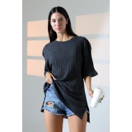 Oversize Yırtmaçlı Raporlu Tunik T-shirt 21493 ANTRASİTMELANJ