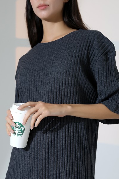 Oversize Yırtmaçlı Raporlu Tunik T-shirt 21493 ANTRASİTMELANJ