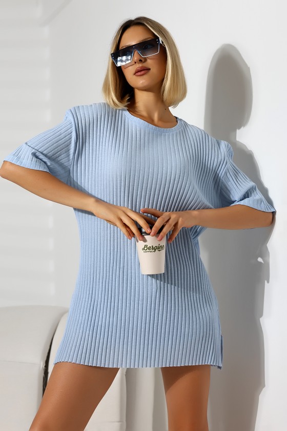 Oversize Yırtmaçlı Raporlu Tunik T-shirt 21493 BEBE MAVİ